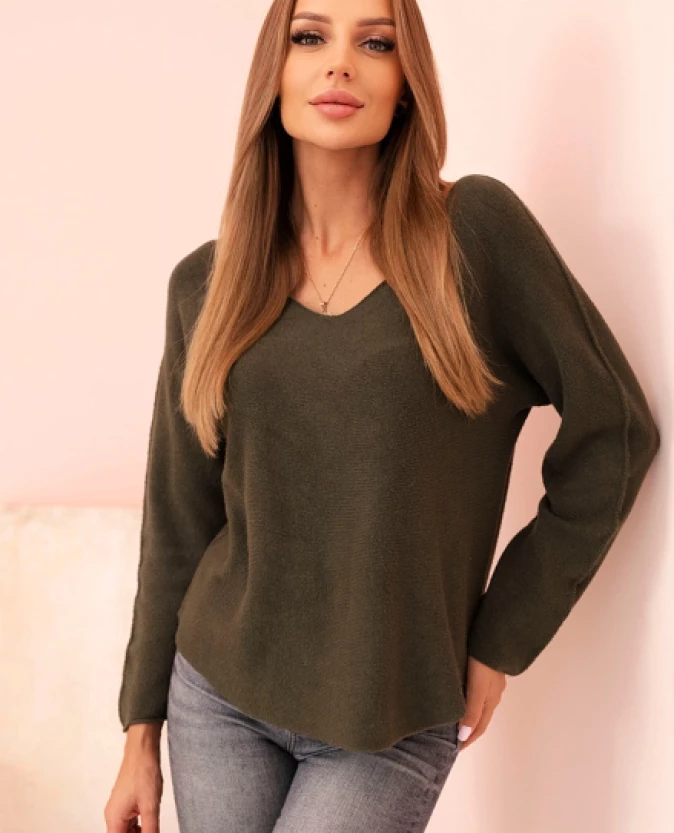 Milamo Sweter damska z wiskozą z dekoltem w serek Ciemny Khaki