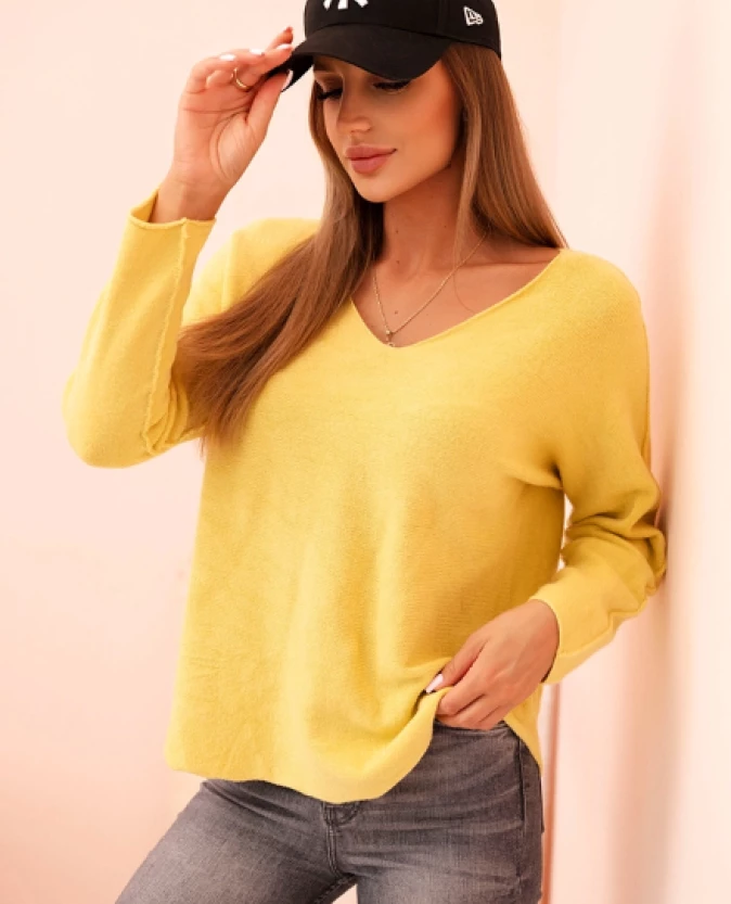Milamo Sweter damska z wiskozą z dekoltem w serek Żółty