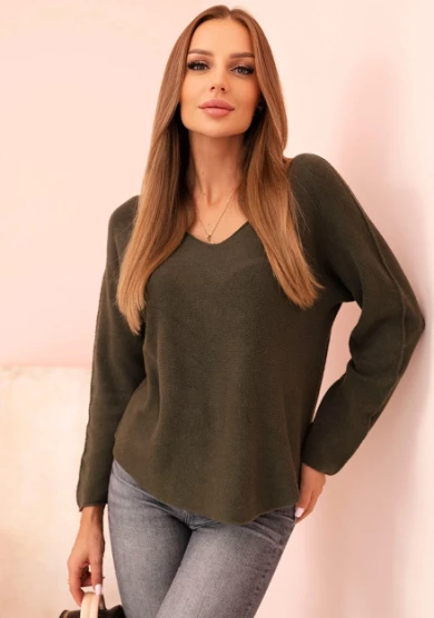 Milamo Sweter damska z wiskozą z dekoltem w serek Ciemny Khaki
