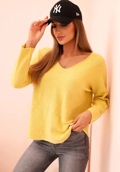Milamo Sweter damska z wiskozą z dekoltem w serek Żółty