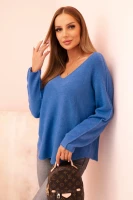 Milamo Sweter damska z wiskozą z dekoltem w serek Ciemno Jeansowy