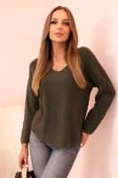 Milamo Sweter damska z wiskozą z dekoltem w serek Ciemny Khaki